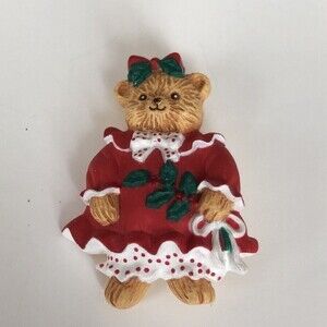 Hallmark Pin Christmas Vtg Teddy Bear Girl  Red Dress Holly Holiday‎ Brooch